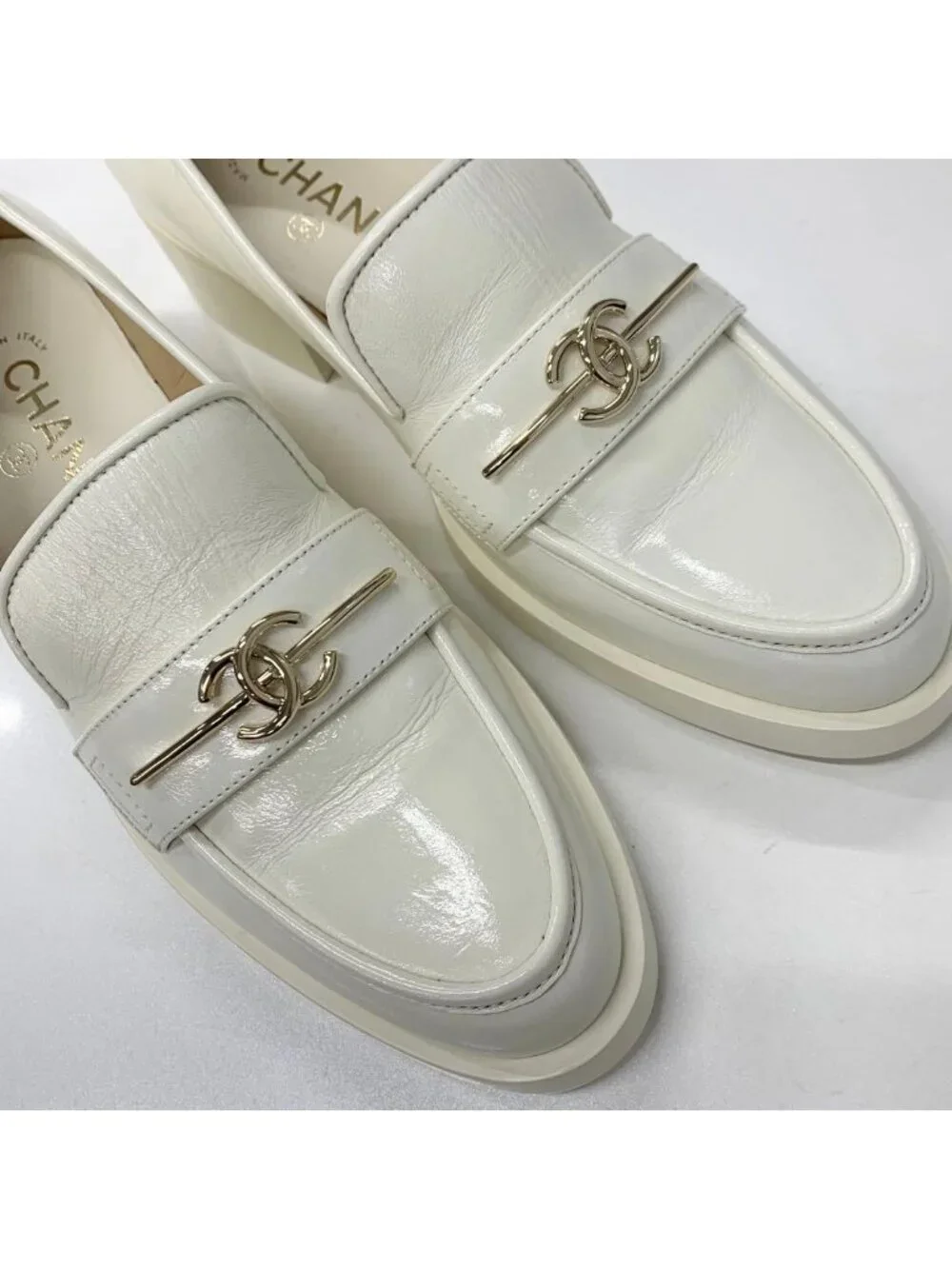 Chanel Coco Mark Leather Loafers White